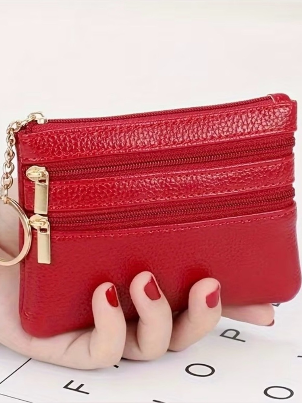 Red Triple-Zip  Coin Purse with Key Ring